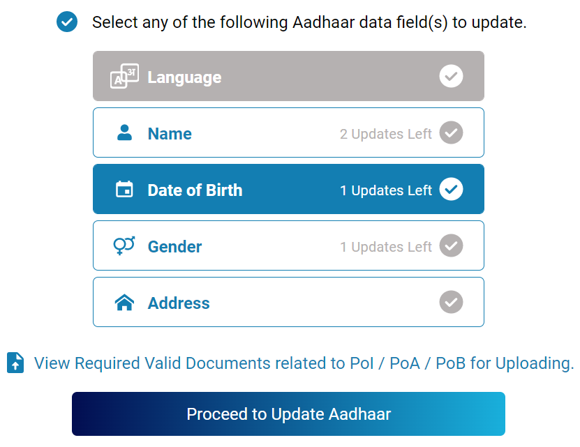 Date of Birth change / correction in AADHAAR Card online; select option.