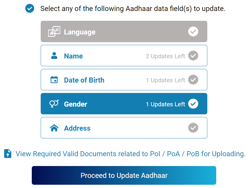 Gender change / correction in AADHAAR Card online; select option.