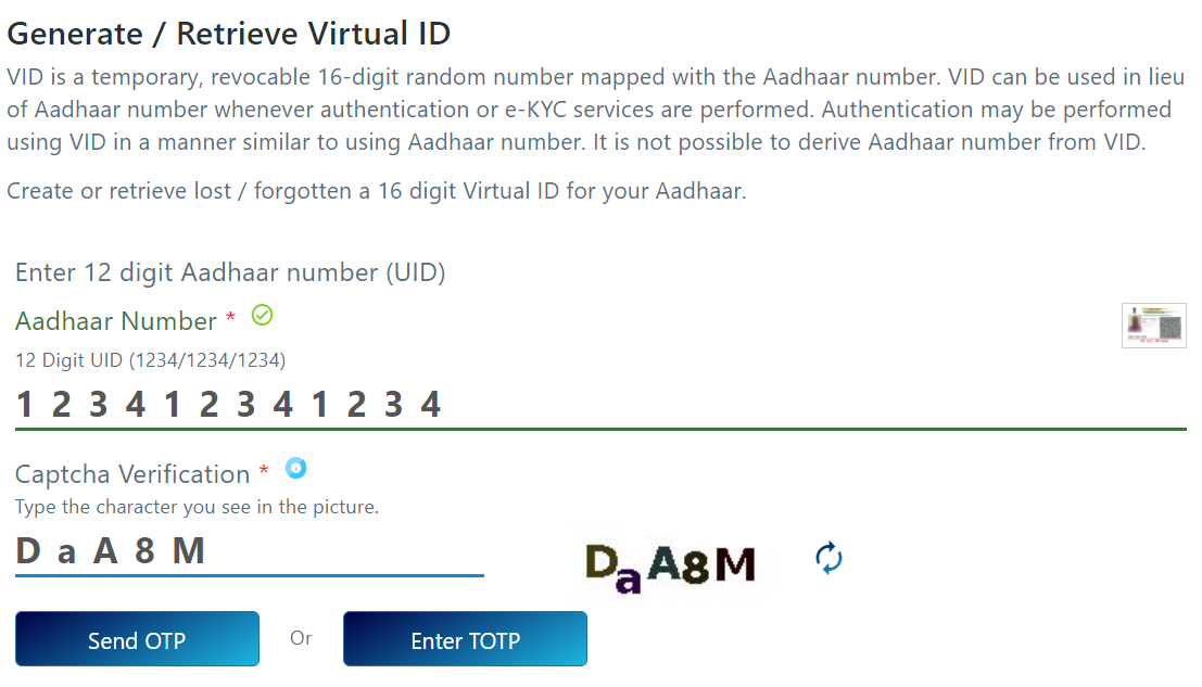 Generate / Retrieve lost / forgotten AADHAAR Card virtual ID; get OTP.