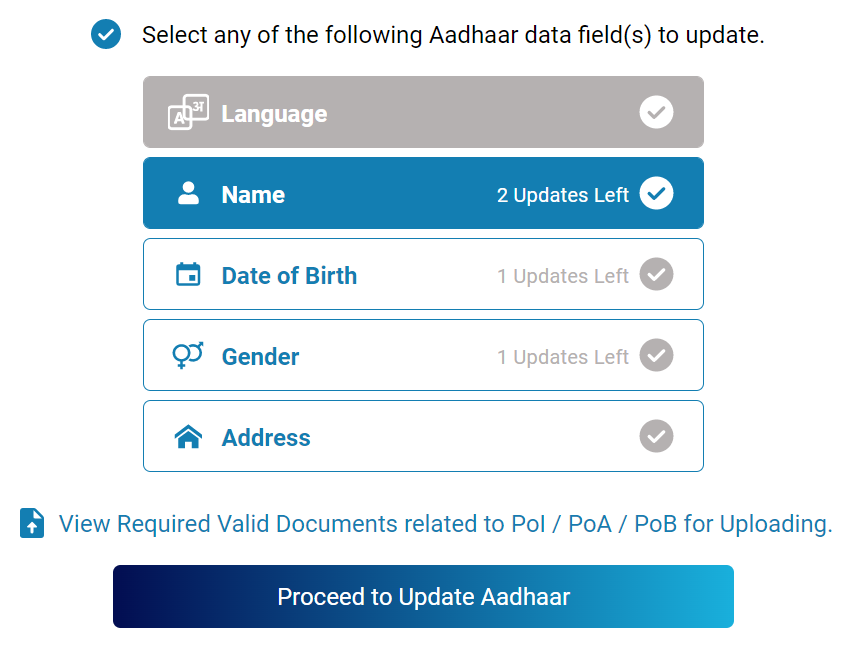 Name change / correction in AADHAAR Card online; select option.