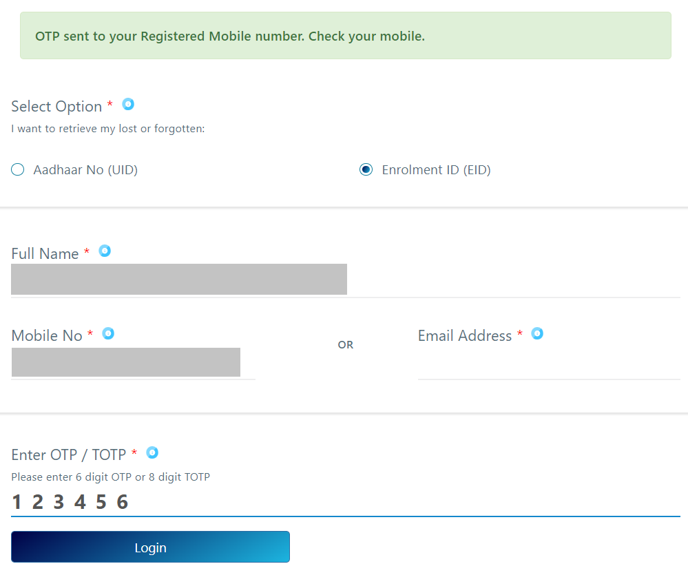 Retrieve lost / forgotten AADHAAR Card slip (EID); confirm OTP.