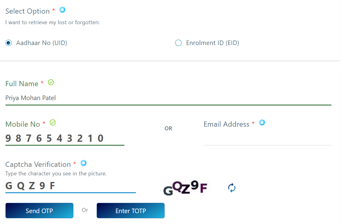 Retrieve lost / forgotten AADHAAR Card number; get OTP.